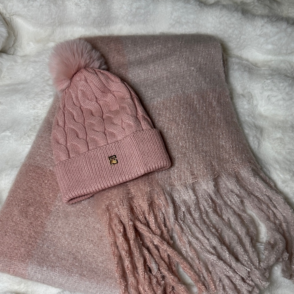 Anne Klein Pink Knit Beanie and Scarf Set